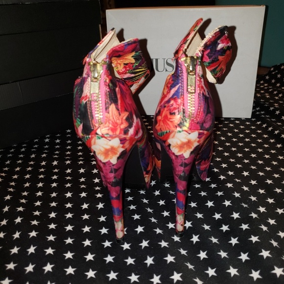 Qupid Sanity 04 Pink Multi Floral Print Ankle Strap Zip Up Back Stiletto Pumps - Picture 7 of 15